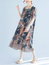 Women Round Neck Print Loose Casual Dress